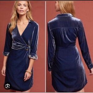 Anthropologie Navy Velvet Wrap Midi Dress